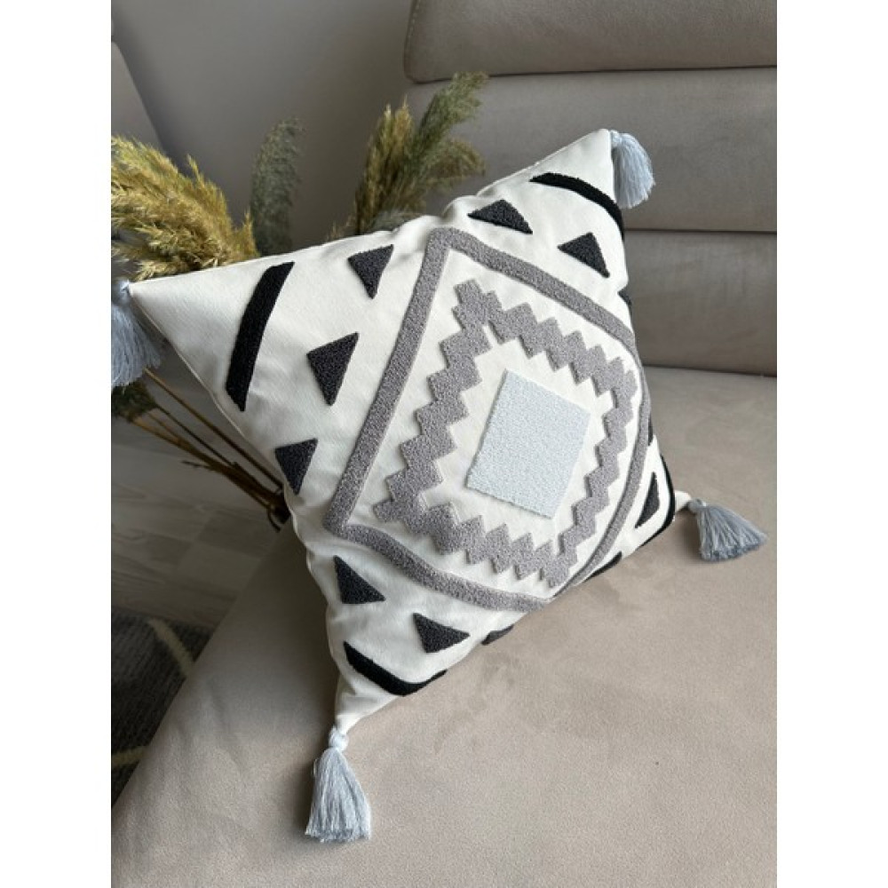 Reset Punch Nakışlı Kırlent Kılıfı - 43 x 43 cm - Açık Gri Kırlent / Mobilya Yastığı Fiyatı