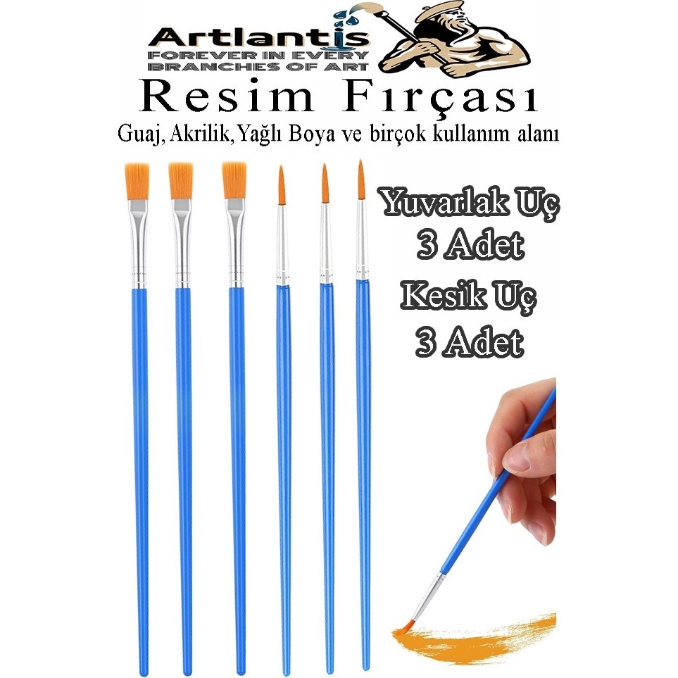 Resim Fırçası Kesik ve Yuvarlak Uçlu 6 Adet Sentetik Fırça Ekonomik Suluboya Akrilik Boya Guaj Boya Yağlı Boya Resim - Standart - Mavi Fırça Fiyatı