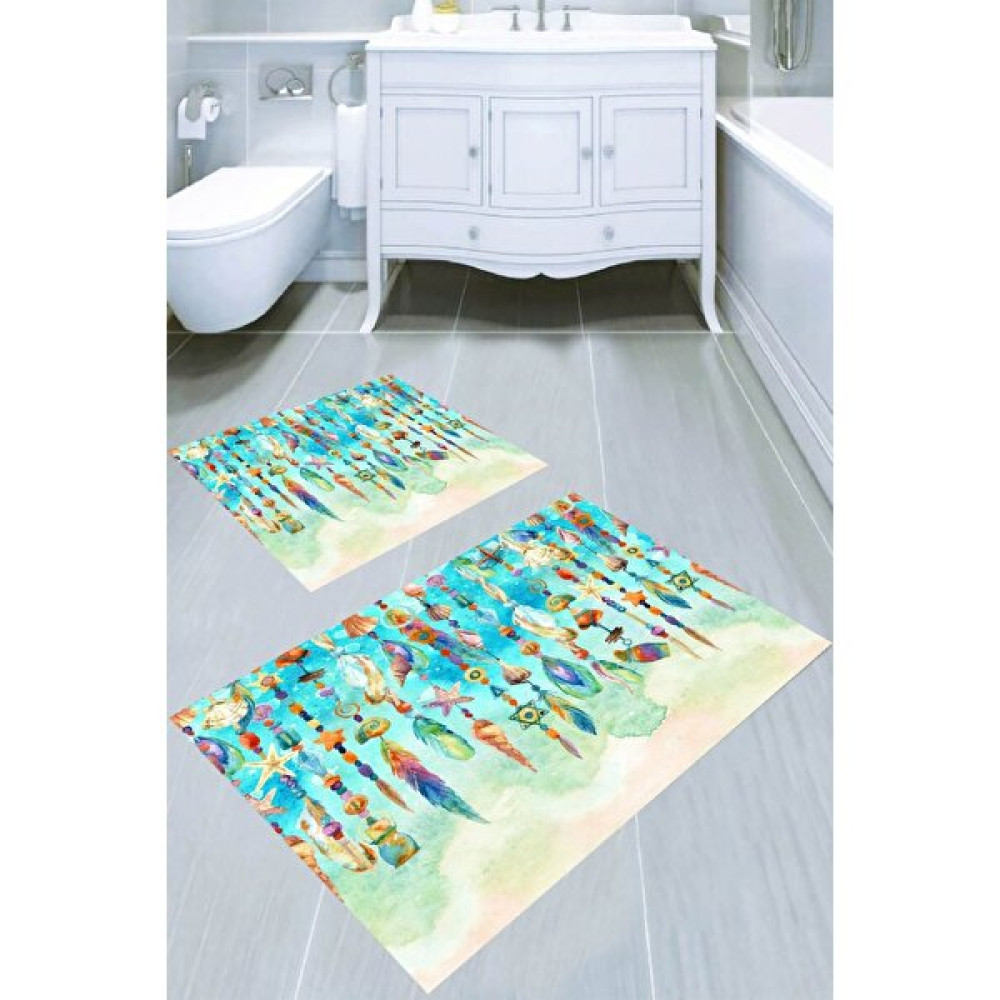 Resmiro Deniz Nesneleri Süslemeli Kaymaz Taban Yıkanabilir 2'li Desenli Banyo Paspası (50X60 cm - 60X100 Cm) - Renkli Klozet Takımı Fiyatı
