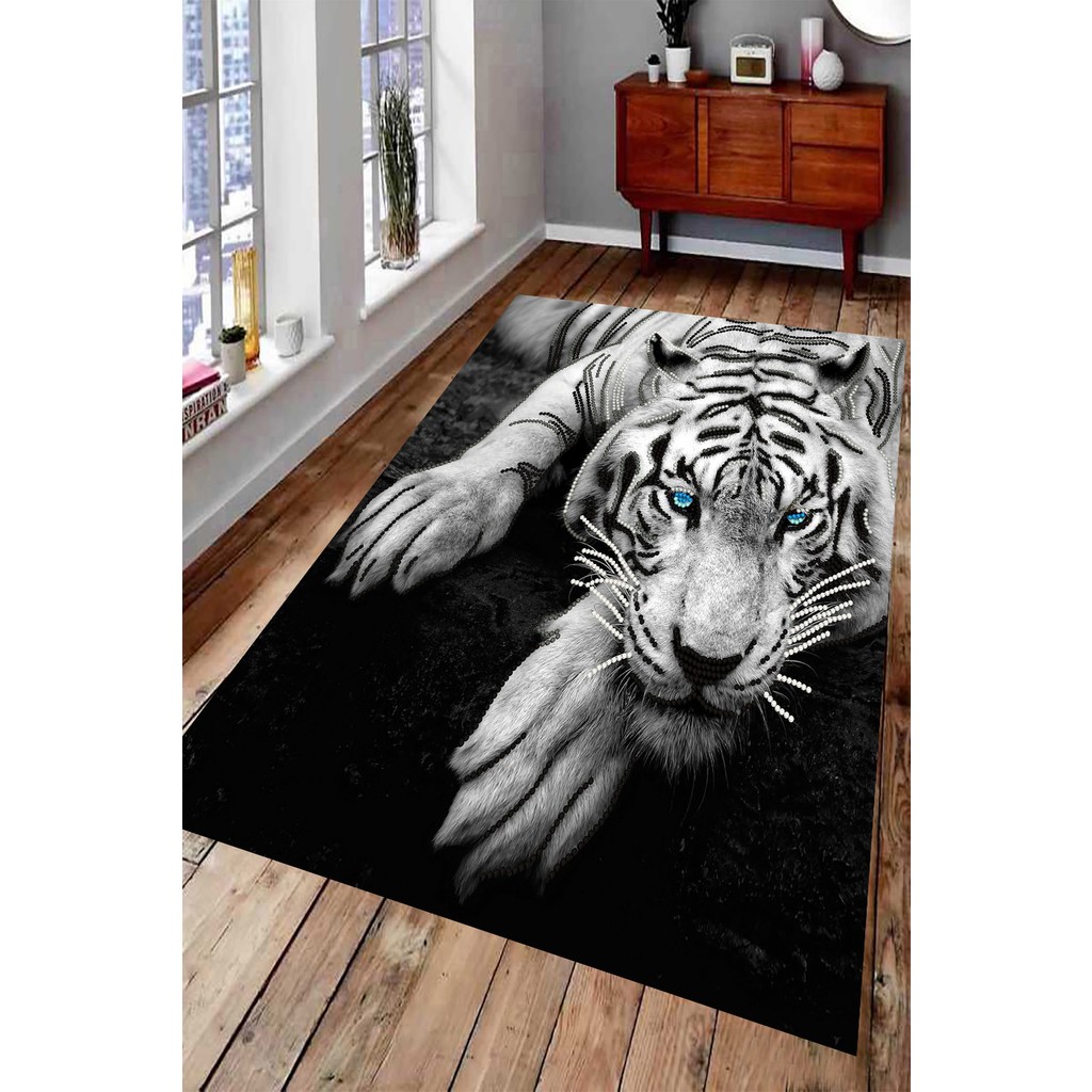 Resmiro Kaymaz Taban Yıkanabilir Düşünceli Beyaz Kaplan Dijital Baskılı Halı - 200 x 300 cm - Renkli Salon Halısı Fiyatı