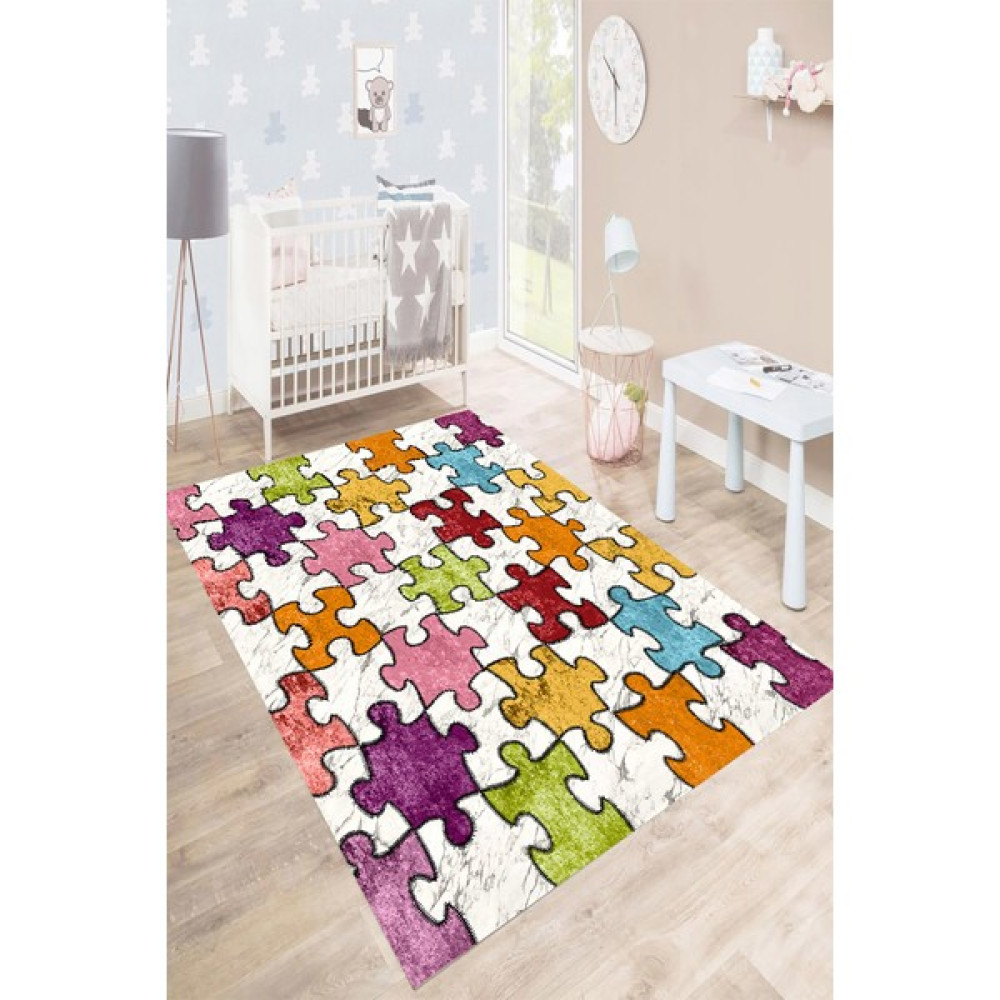 Resmiro Kaymaz Taban Yıkanabilir Renkli Puzzle Desenli Dijital Baskılı Halı RSP1515 - 80 x 100 cm Salon Halısı Fiyatı