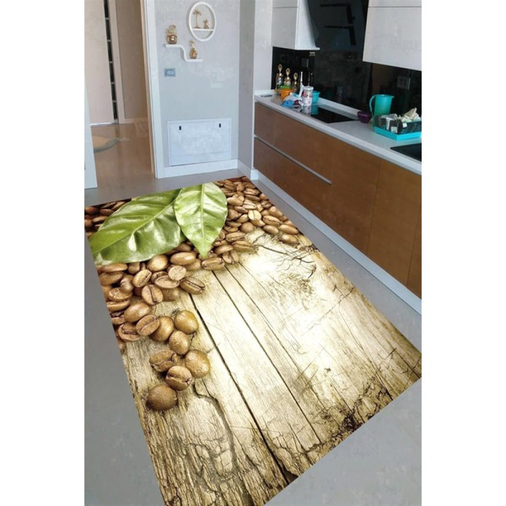 Resmiro Kaymaz Taban Yıkanabilir Tahta Zemin Kahve Taneleri ve Yapraklar Desenli Mutfak Halısı - Renkli - 160 x 230 cm Salon Halısı Fiyatı