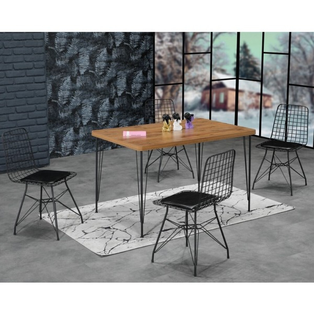 Ressa Home Asya 4 Kişilik Akçaağaç Görünümlü Metal Mutfak Masası Takımı-Siyah Tel Sandalyeli 80X120 cm Masa - Sandalye Seti / Takımı Fiyatı