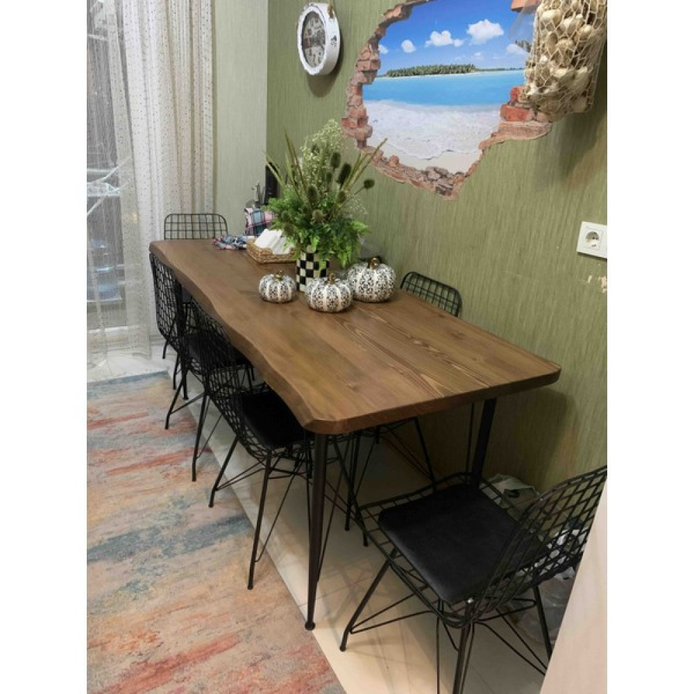 Ressa Home Bengi Lüx Doğal Kütük Tel Ayaklı Mutfak Masası Takımı-Mutfak Masası-Salon Mutfak Takımı 80X180 cm - Ahşap Masa - Sandalye Seti / Takımı Fiyatı