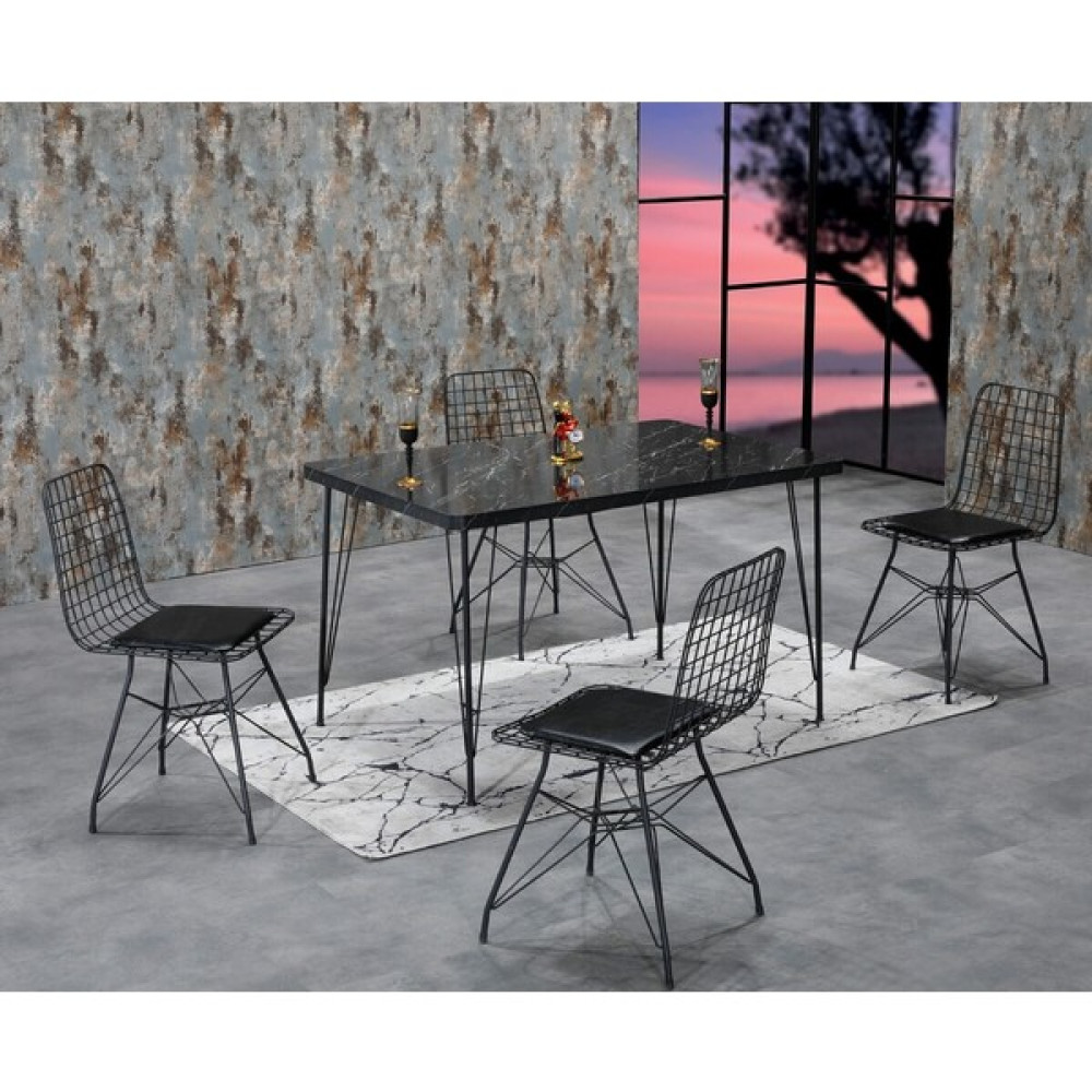 Ressa Home Rozalin 4 Kişilik Siyah Mermer Görünümlü Metal Mutfak Masası Takımı-Siyah Tel Sandalyeli 80X120 cm Masa - Sandalye Seti / Takımı Fiyatı