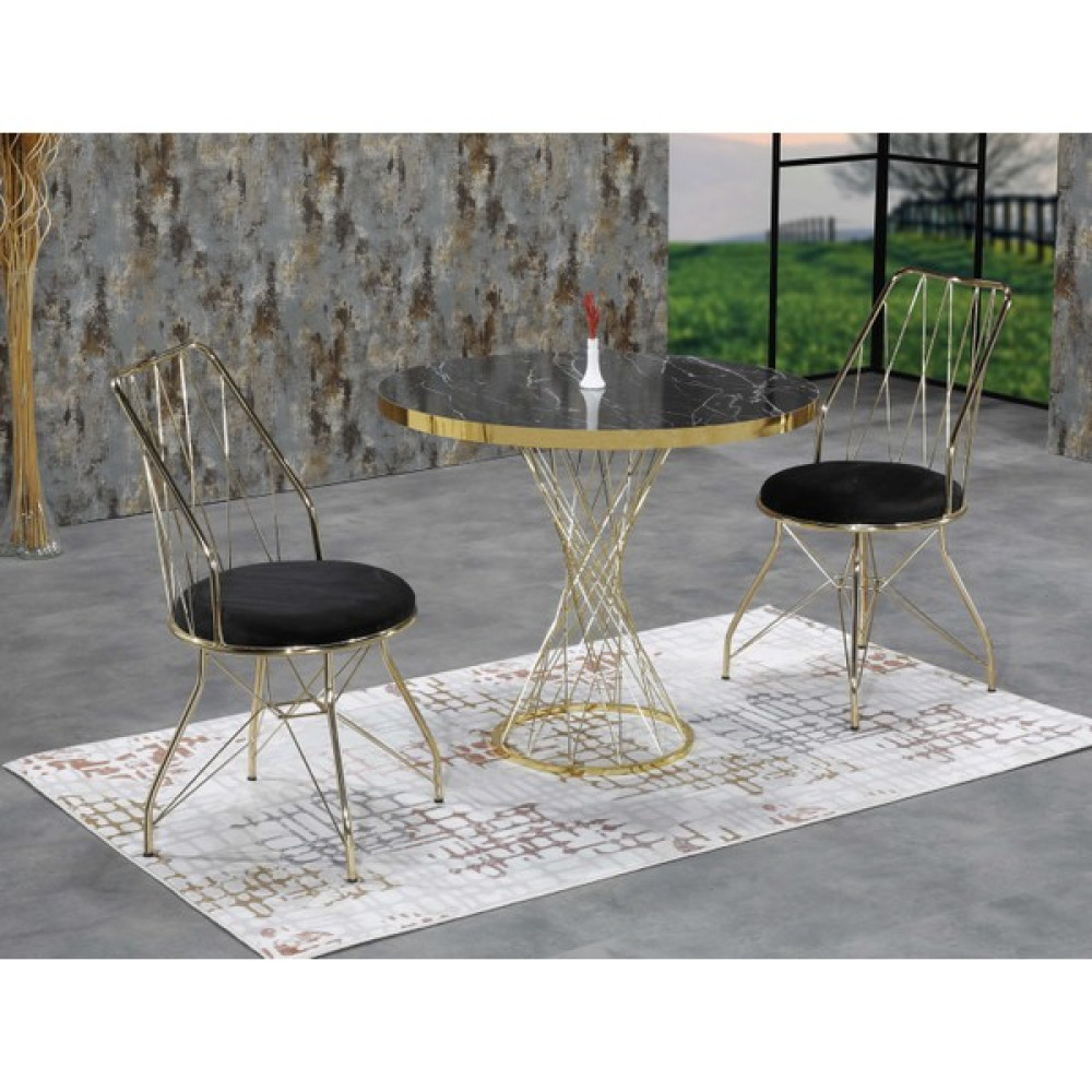 Ressahome Fesla 2 Kişilik Siyah Mermerli Gold Oval Mutfak Masası Takımı Masa - Sandalye Seti / Takımı Fiyatı
