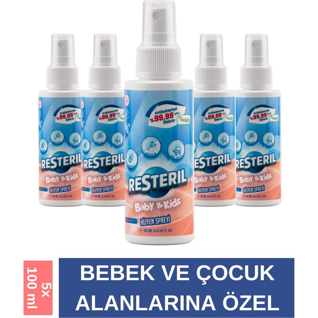 Resteril Hijyen Spreyi Baby&Kids 5X100ml Bebek Biberon Emzik Temizleyici Alkolsüz Dezenfektan Sprey - 500 ml Biberon Fiyatı