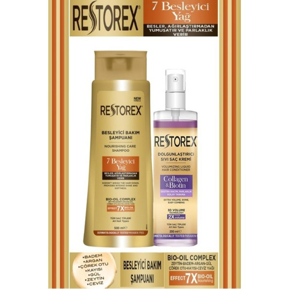 Restorex 7 Besleyici Yağ Şampuan 500 ml + Dolğunlaştırıcı Sıvı Saç Kremi 200 ml Şampuan ve Saç Kremi Fiyatı