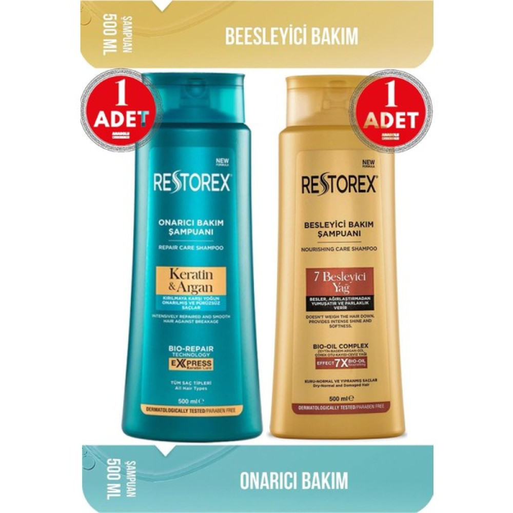 Restorex Bakım Şampuanı 7 Besleyici Yağ 500 Ml + Keratin & Argan Şampuan 500 Ml Restorex Besleyici Yağ + Keratin Şampuan ve Saç Kremi Fiyatı