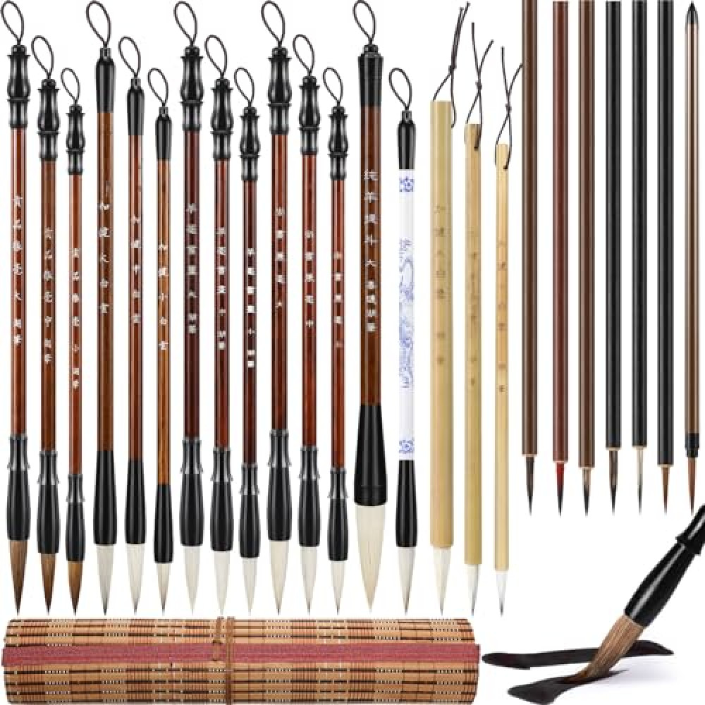 Resurhang 24 Pcs Chinese Calligraphy Brush Set Watercolor Brushes Bulk with Roll up Bamboo Brush Holder Writing Drawing Brushes for Kanji, Japanese Sumi, Drawing, Writing, Painting, Art Supplies