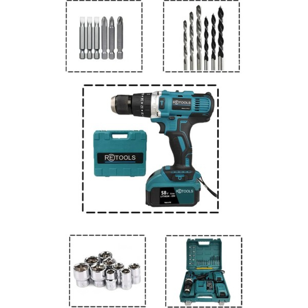 Retools 58V Darbeli Şarjlı Matkap, 24'lü Set Çift Akülü Matkaplar Fiyatı