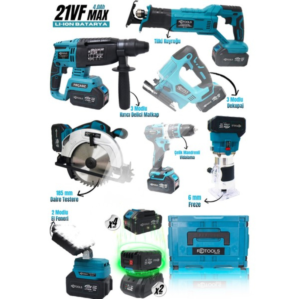Retools Profesyonel 7li Set (Daire Testere 185 mm + Tilki Kuyruğu + 6 mm Freze + Işık) Oto Boyaları Fiyatı