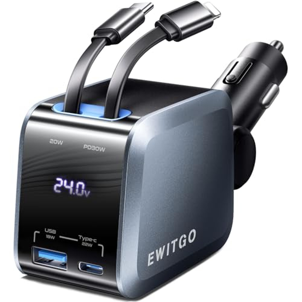 Retractable Car Charger, Car Accessories, 72W Fast Charging USB C Car Charger with 4FT Retractable Cables and 2 Ports, Travel Essentials Gifts for iPhone 16 15 14 13 12, Man and Women