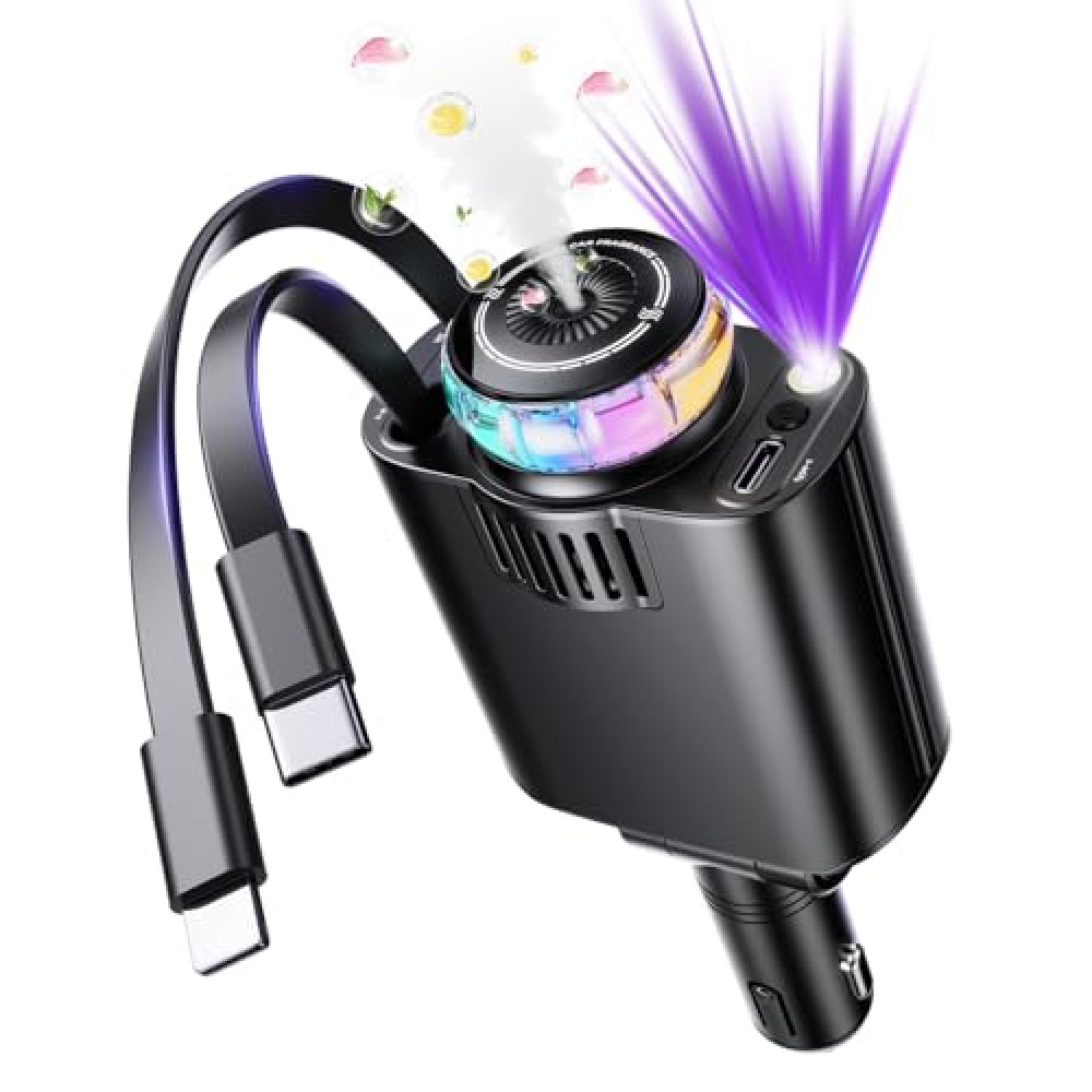 Retractable Car Charger with Aromatherapy and Starlight, 5 in 1 USBC Cars Charger Adapter, 69W Fast Charging Cars Phone Chargers, Car Air Freshener Compatible for iPhone 16 15 14 13 11 and for Android