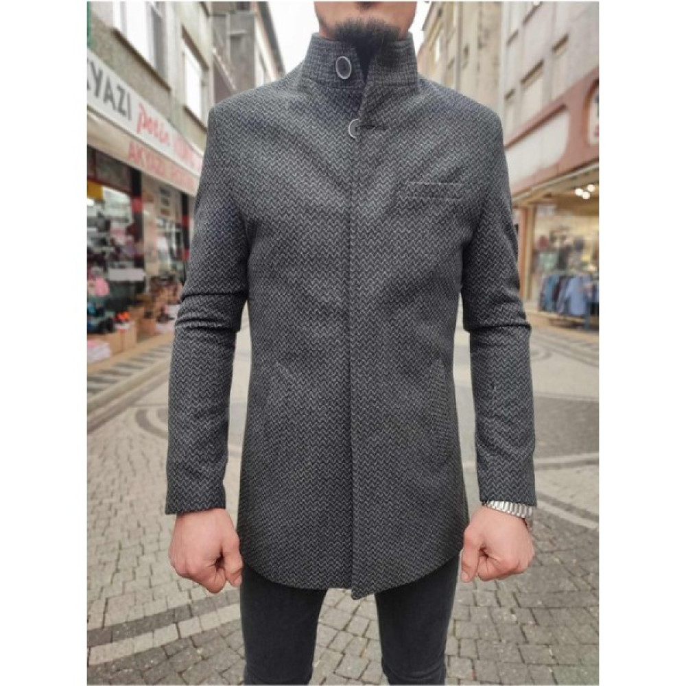 Retro Cep ve Fermuar Detaylı Kürklü Yaka Kaşe Kaban Palto Siyah Erkek Mont Fiyatı