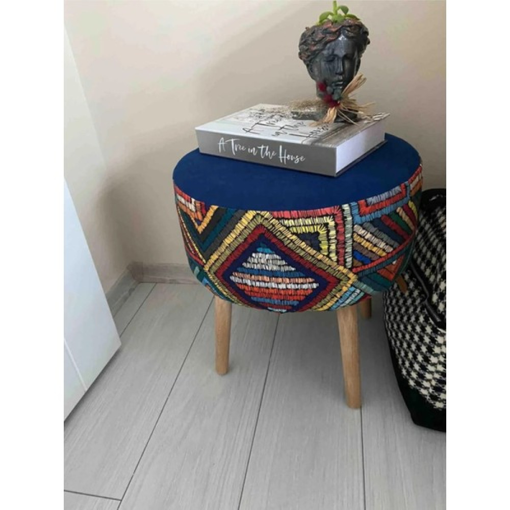Retro Gürgen Ahşap Ayaklı Dekoratif Etnik Üst Kiremit Desenli Silindir Puf Bench Dekoratif Ahşap Puf Rustik Bench - Lacivert Çizgili Puf Fiyatı