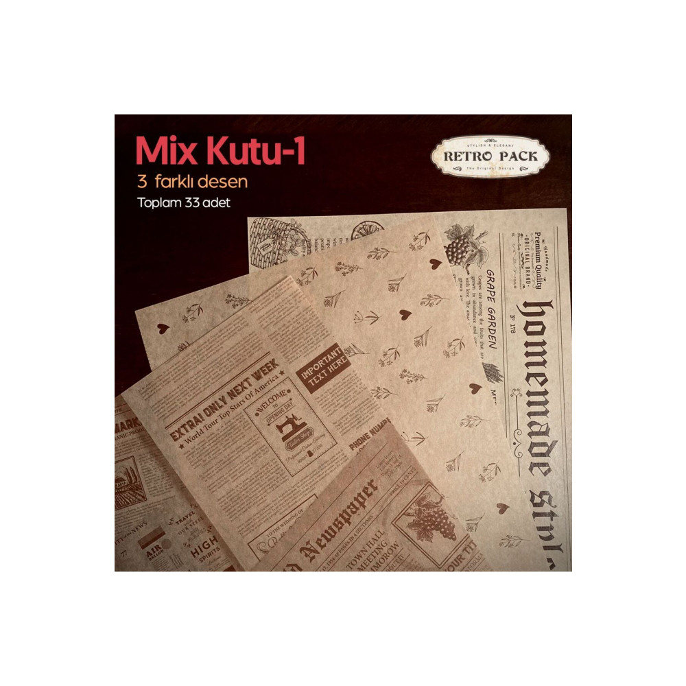 Retro Pack 1 Kutuda 33 Adet Desenli Yağlı Kağıt-3 Farklı Desen-mix Kutu 1-sunum Kağıdı-vintage Sunum Kağıdı Mutfak Sarf Malzemeleri Fiyatı