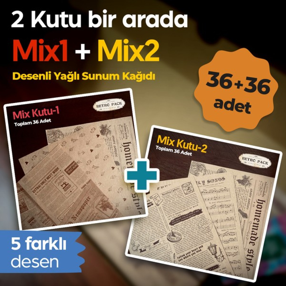 Retro Pack 2 Kutu Bir Arada Desenli Yağlı Sunum KAĞIDI_36+36=72 Adet Pişirme Kağıdı Fiyatı