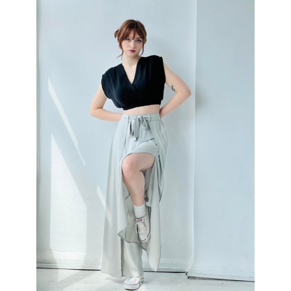 Retrobird Yırtmaç Detaylı Wide-Leg Pantolon Etek Kadın Gri Kadın Pantolon Fiyatı