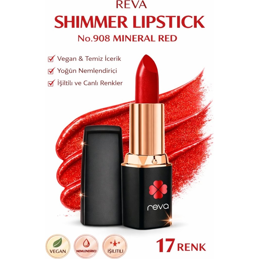 Reva Shimmer Lipstick Mineral Red No:908 Işıltılı Parlak Vegan Temiz Ruj Rujlar & Dudak Parlatıcıları Fiyatı