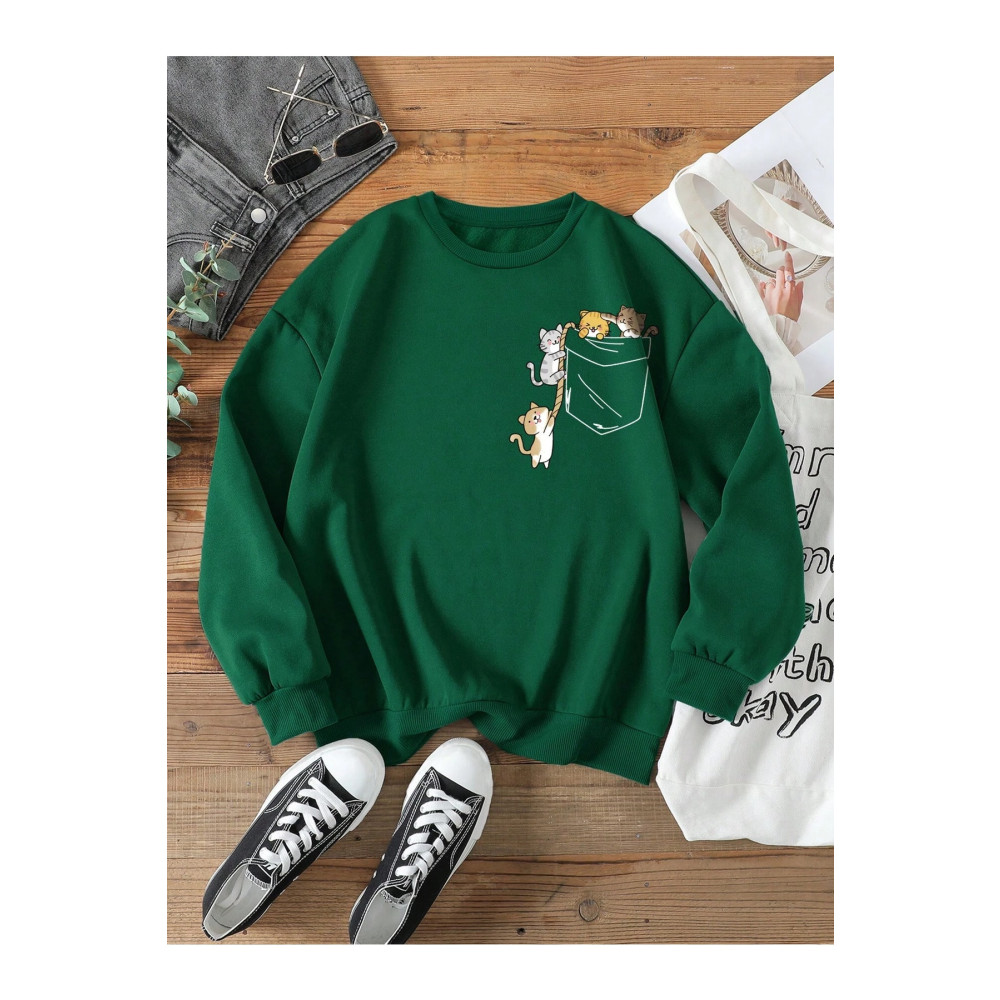 Revasser Kadın Yeşil Cat Özel Göğüs Baskılı Oversize Bisiklet Yaka Sweatshirt XXL Beden Bayan Sweatshirt Fiyatı
