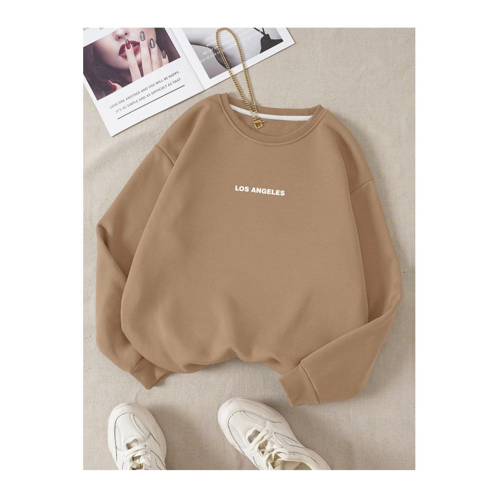 Revasser Unisex Kadın/Erkek LOS ANGELES Renkli Oversize Bisiklet Yaka Pamuklu Sweatshirt XXL Beden Bayan Sweatshirt Fiyatı