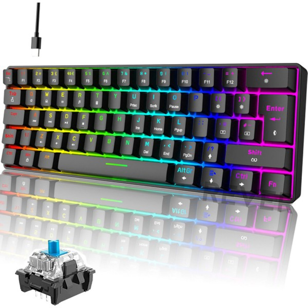 Rever BLUE Switch Mekanik Mini 62 Tuşlu 19 Mod LED Işıklı Gaming Oyuncu Klavyesi - Siyah Oyuncu Klavyesi Fiyatı
