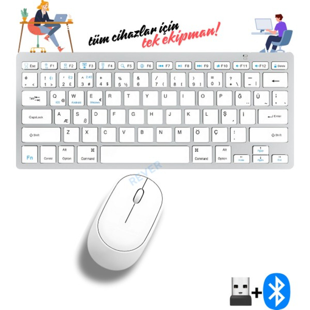 Rever Kablosuz Klavye Mouse Set Tüm Cihazlara Uyumlu Bluetooth + USB Klavye Oyuncu Klavyesi Fiyatı