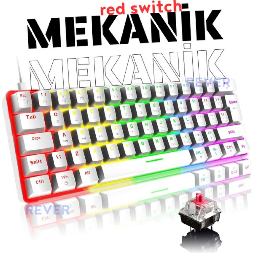 Rever Red Switch Mekanik Mini 62 Tuşlu 19 Mod LED Işıklı Gaming Oyuncu Klavyesi Klavye T60 Red Switch - Beyaz Oyuncu Klavyesi Fiyatı