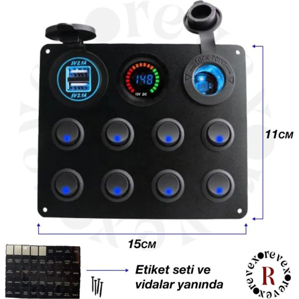 Revex 12v  Kontrol Paneli Sigorta+8 On-Off Düğme 2 Şarj Soketi Çakmaklık Voltaj Göstergeli Karavan Oto Boyaları Fiyatı