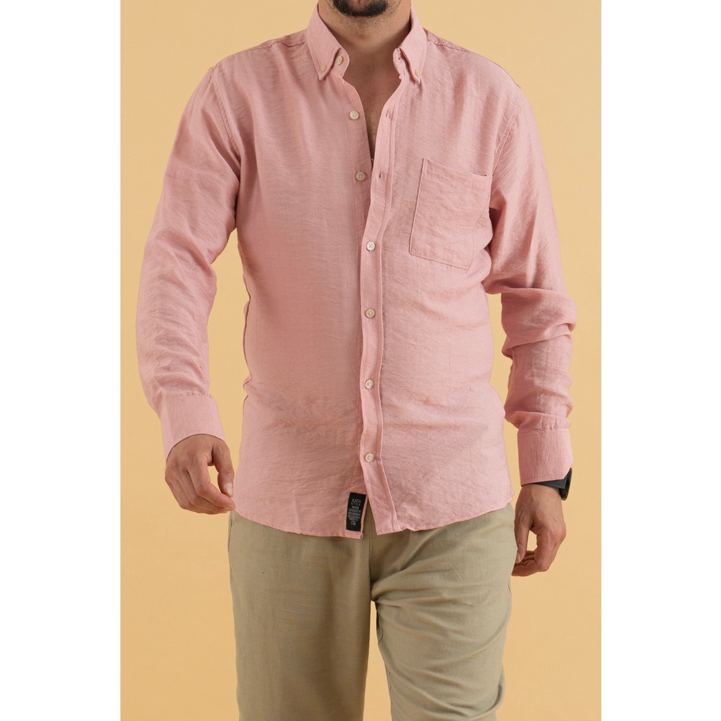 Reynard Slim Fit Erkek Gömlek Pudra Renk Uzun Kol Günlük Stil Viskon Keten Erkek Gömlek Fiyatı