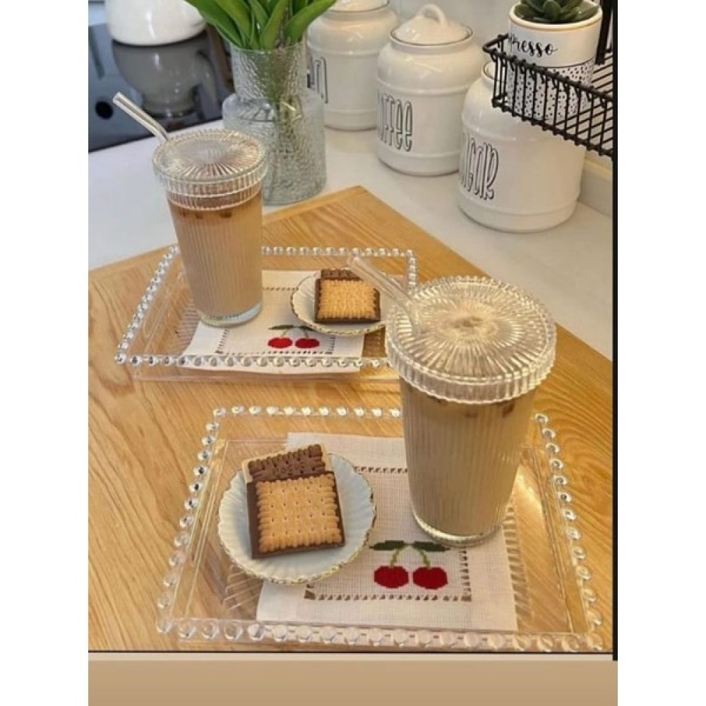 Reyzoff Teks 4 Parça 2 Adet Mika Boncuklu Tepsi + 2 Adet Mika Kapaklı Cam Pipetli Bardak -Meşrubat Bardağı-Sunum - 24 x 14 cm Servis Tepsisi Fiyatı
