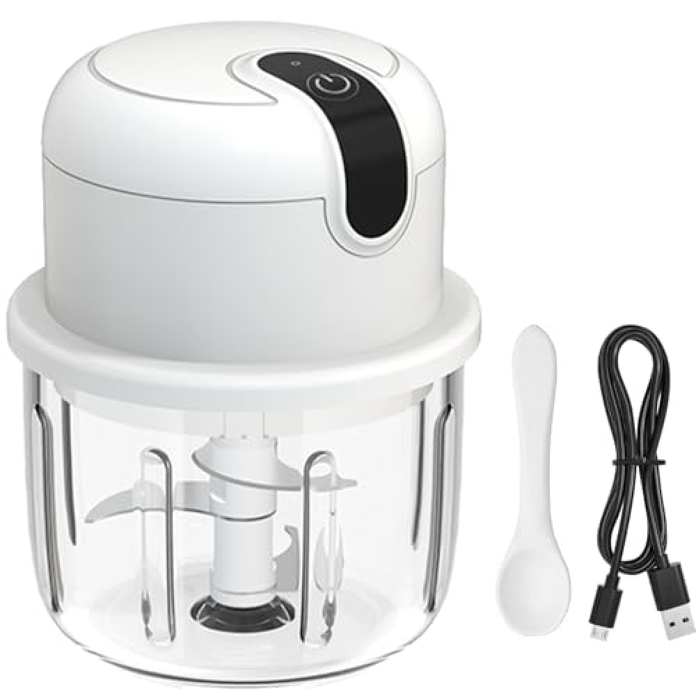 RHAFAYRE Mini Garlic Chopper, Cordless Electric Garlic Chopper Slicer with GLASS Cup, 10Oz Mini Food Grinder Processor for Small Vegetable Onion Tomato Pepper Herb, Anti-slip, incl USB cable, White