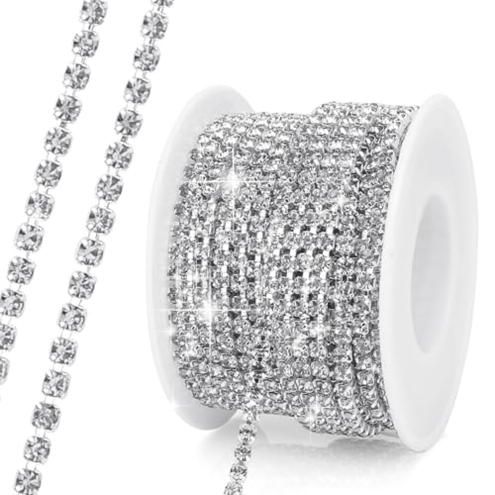 Rhinestone Chain, 10Yard 3mm Silver Rhinestone Trim, Diamond String Rhinestone Ribbon Strips Tape, Bling Crystal Rhinestone Close Chain Claw Cup Chain Trim for Sewing Craft DIY Clothes Shoes Jewelry