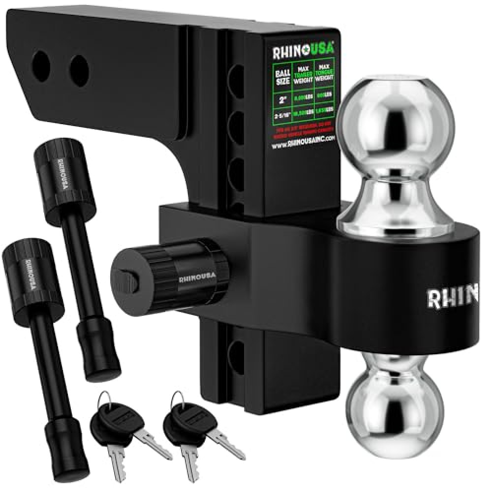 Rhino USA Adjustable Trailer Hitch (Fits 2-Inch Receiver) - Heavy Duty Aluminum Tow Hitches with 6-Inch Drop/Rise for Truck (12,500 LBS GTW) - Weatherproof Double Anti-Theft Locking Hitch Pins (Black)