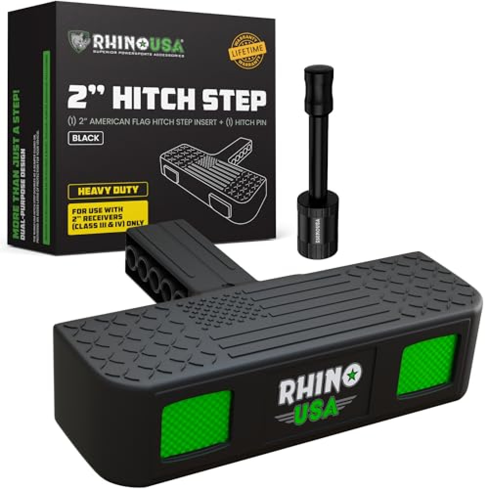 Rhino USA Tow Hitch Step for 2IN Receivers. Anti-Slip Grip, Reflective Material and Bumper Protection Perfect for Trucks, SUV's and More - Locking Trailer Hitch Pin Included! - Black