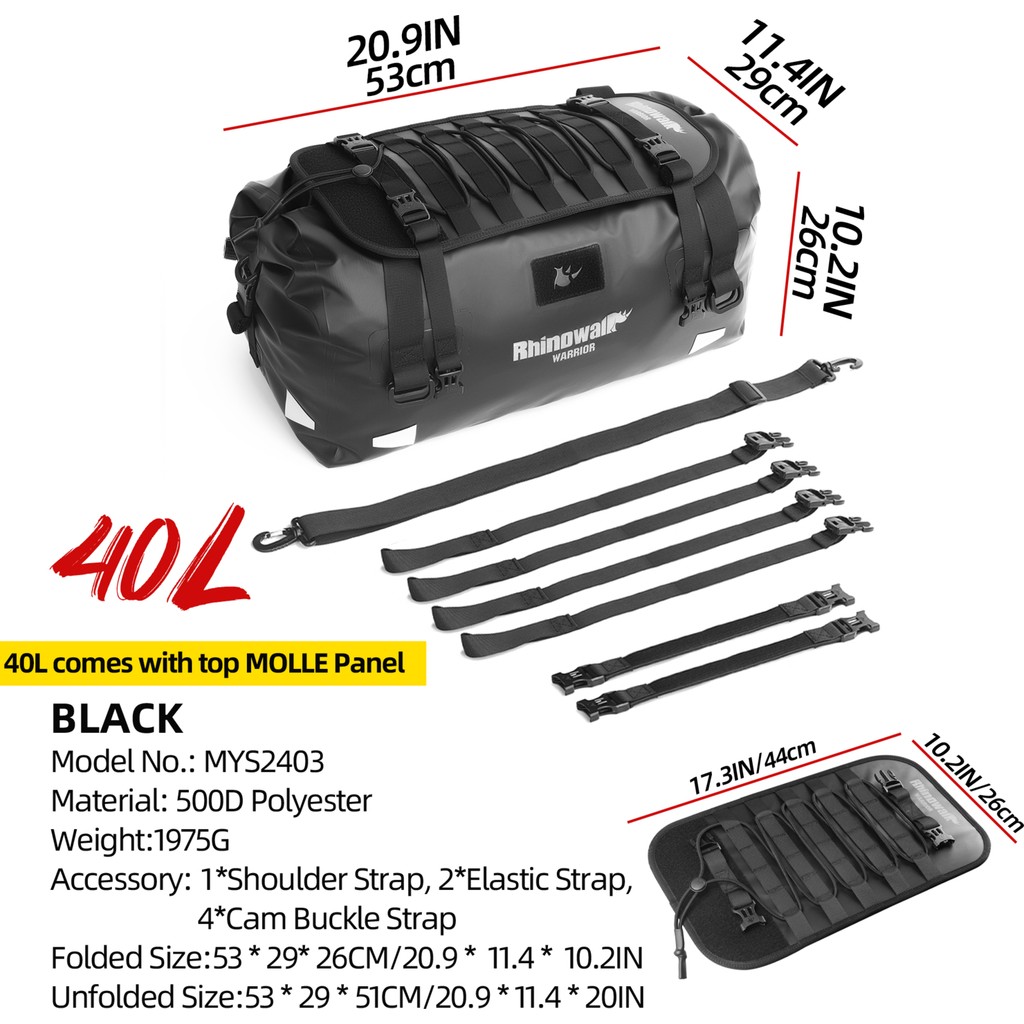 Rhinowalk Su Geçirmez Motosiklet Duffel Çanta 20-40-65LT – Kuyruk Çantası, Arka Koltuk Çantası, Roll-Top Seyahat Ekipman Çantası - 40 Koltuk Fiyatı