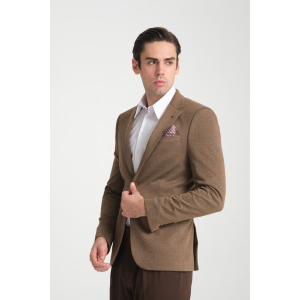 Ribas Erkek Kahverengi Likralı Pamuk Karışımlı Ekose Desenli Slim Fit Spor Blazer Ceket Erkek Ceket Fiyatı