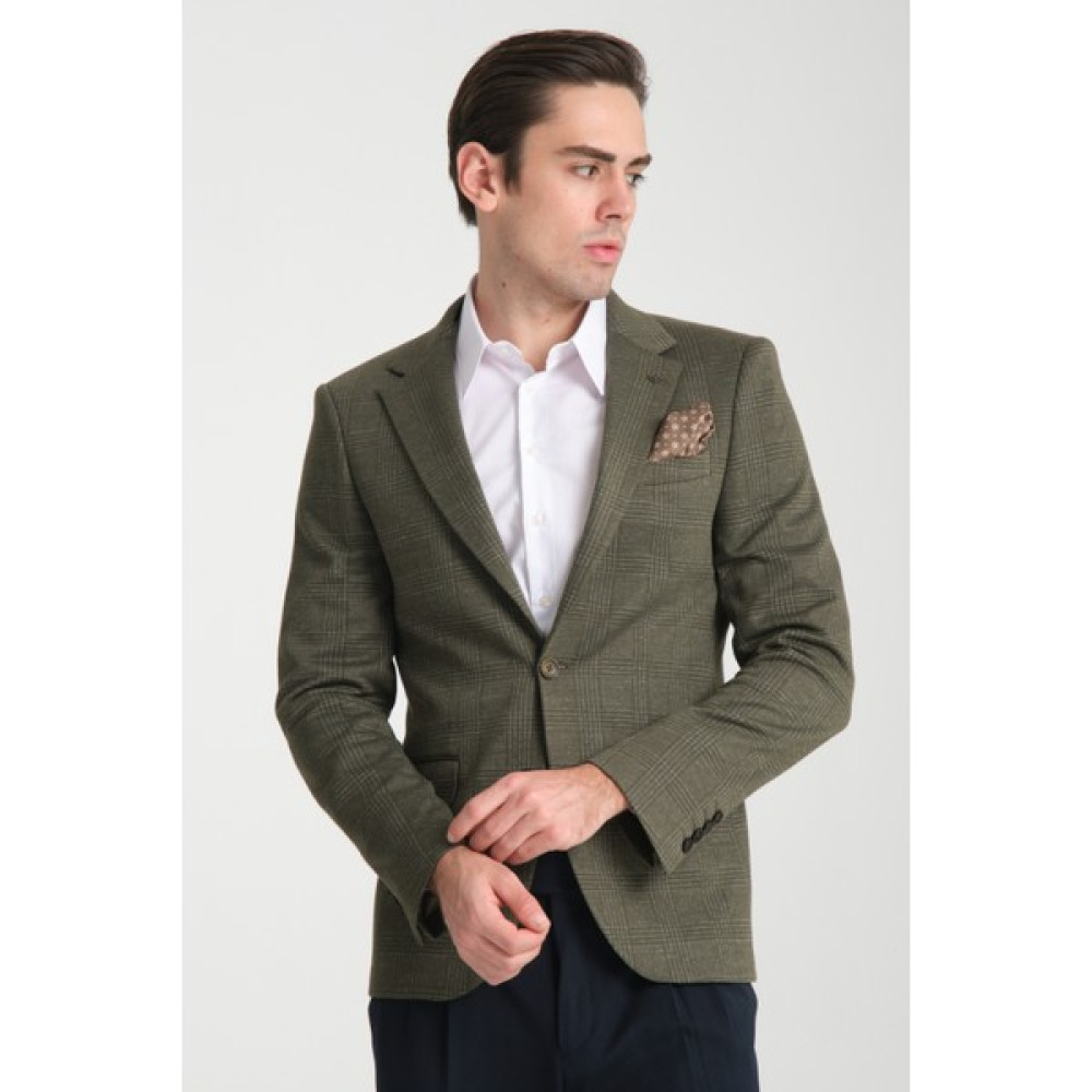 Ribas Erkek Yeşil Likralı Pamuk Karışımlı Ekose Desenli Slim Fit Spor Blazer Ceket Erkek Ceket Fiyatı