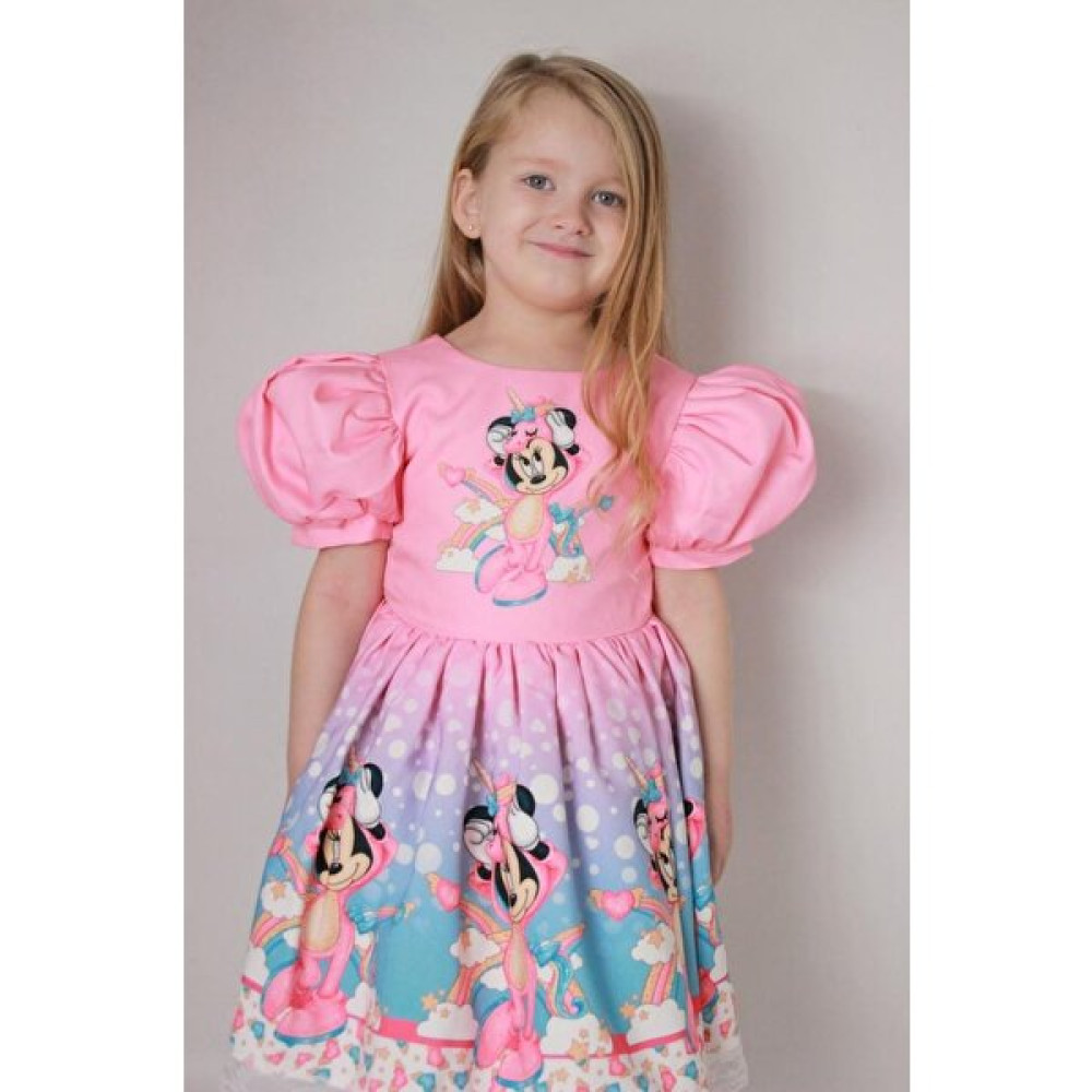 Riccotarz Kız Çocuk Balon Kol Minnie Mouse Baskılı Etek Uçu Güpür Işlemeli Pembe Elbise Kız Çocuk Elbise Fiyatı
