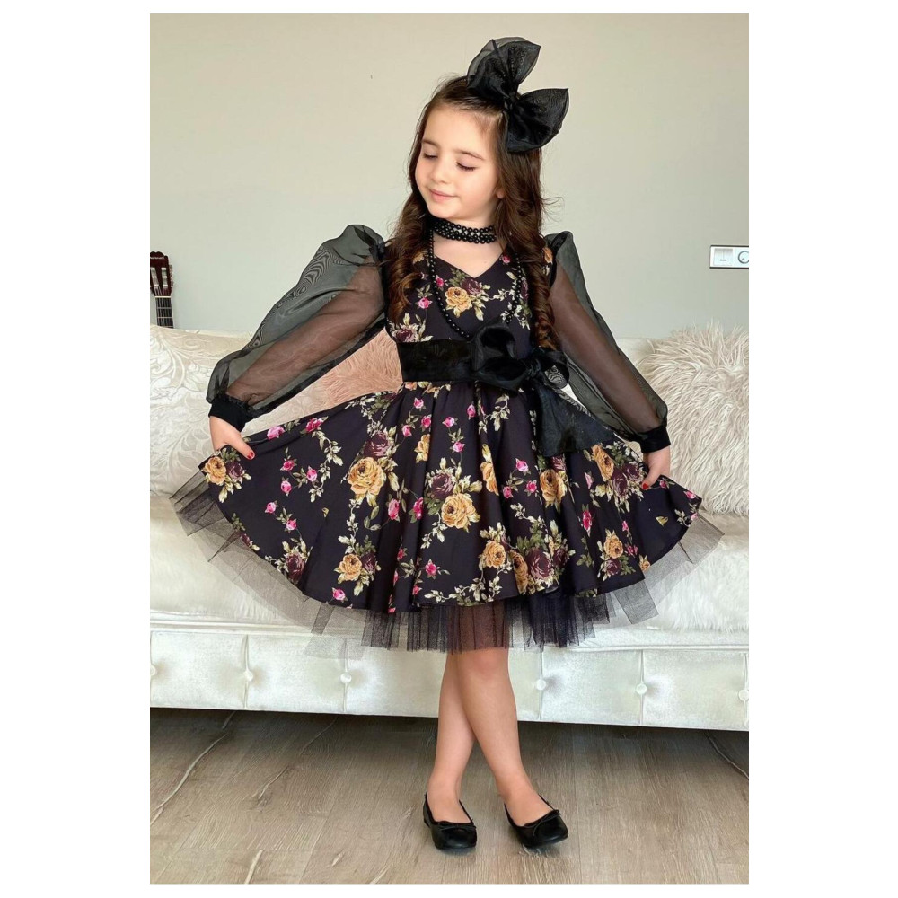 Riccotarz Kız Çocuk Black Flowers Tütülü Elbise 10-11 Yaş Beden Kadın Giyim Fiyatı