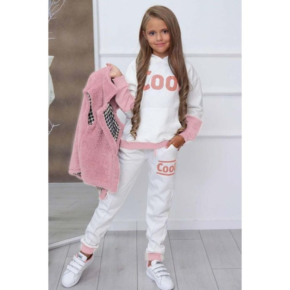Riccotarz Kız Çocuk Cool Baskılı Kapüşonlu Sweatshirt ve Peluş Yelekli Pembe Eşofman Takım Kız Çocuk Eşofman Fiyatı