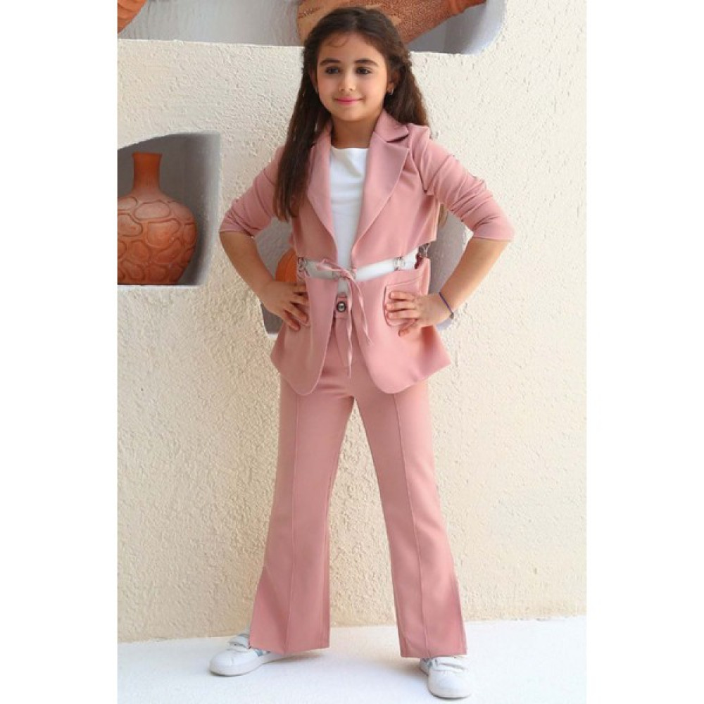 Riccotarz Kız Çocuk Halka Detaylı Blazer Ceket ve Yırtmaç Detaylı Ispanyol Paçalı Pantolon Pudra Alt Üst Takım Kız Çocuk Giyim Takımı Fiyatı
