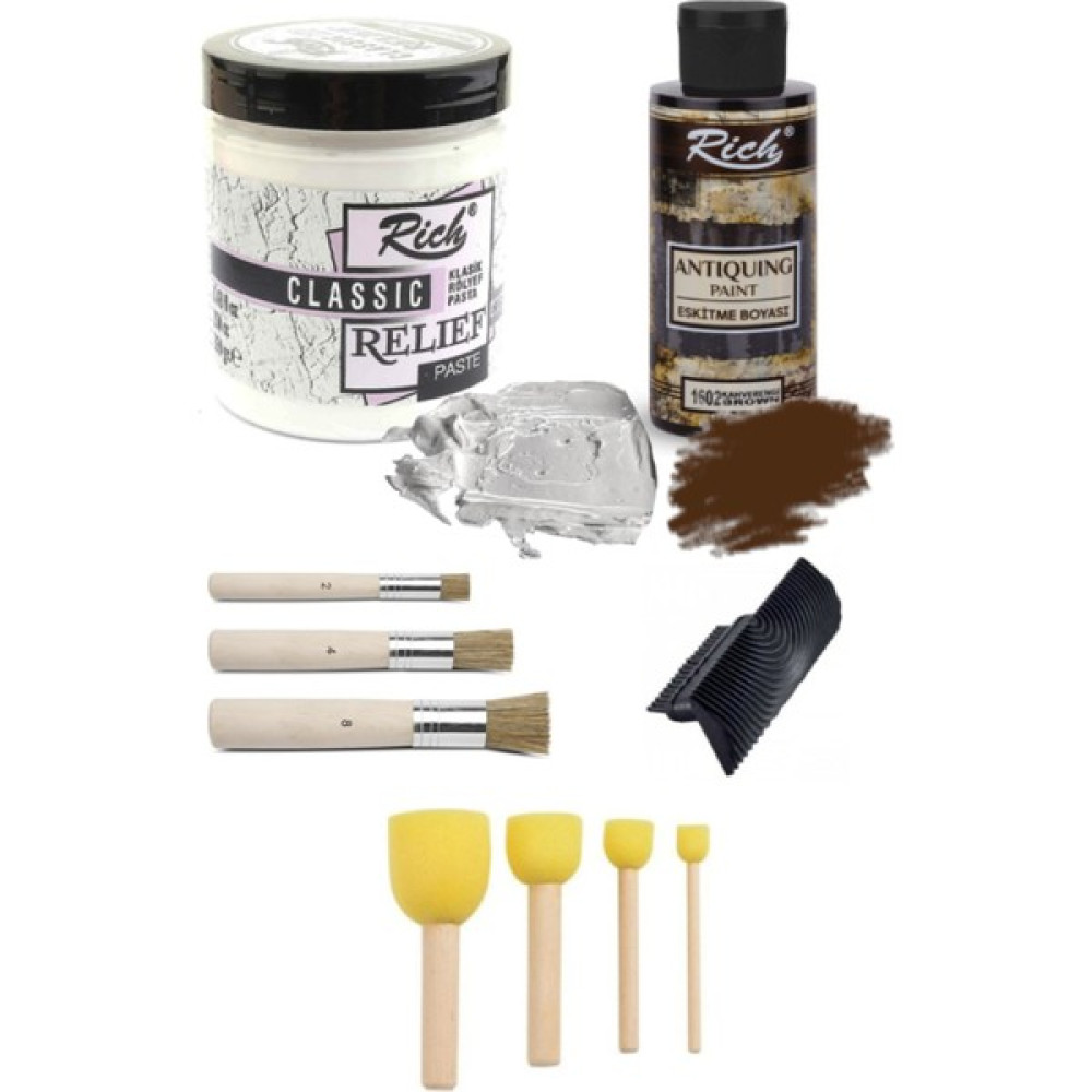 Rich Rölyef Pasta Klasik 350 gr Beyaz Eskitme Boyası Stencil Fırça 4'lü Ponpon Fırça Doku Tarağı Set Rölyef Pasta Fiyatı