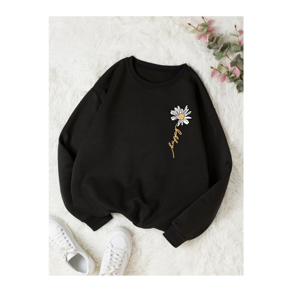 Richarlison Kadın Siyah Papatya Baskılı %100 Organik Pamuk Sweatshirt L Beden Bayan Sweatshirt Fiyatı
