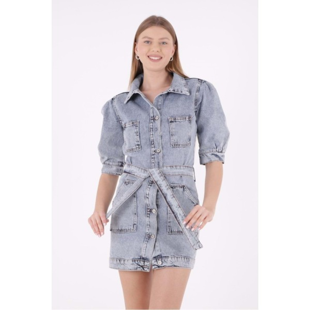 Richmost Balon Kollu ve Kuşak Detaylı Düğmeli Rahat/relaxed Kısa Kollu Kadın Kot Elbise Kar Açık Mavi Denim Elbise Fiyatı