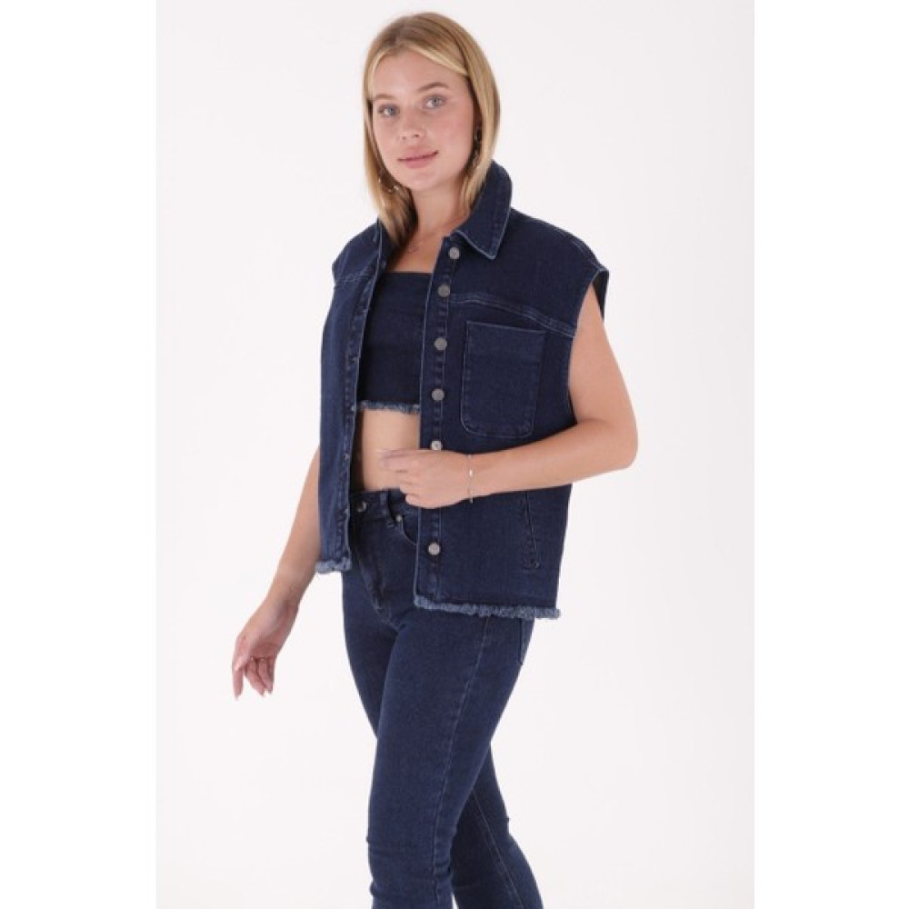 Richmost Bitişi Püskül Detaylı Önden Düğmeli Kolsuz Bol Kalıplı Kadın Kot Ceket Dört Mevsim Düz Koyu Rins Kadın Gömlek Fiyatı