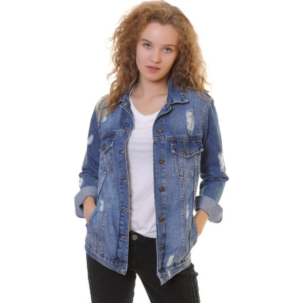 Richmost Lazer Yırtıklı ve Klasik Yakalı Uzun Kollu Cepli Klasik Kadın Kot Ceket Koyu Mavi Denim Dört Mevsim Bayan Ceket Fiyatı