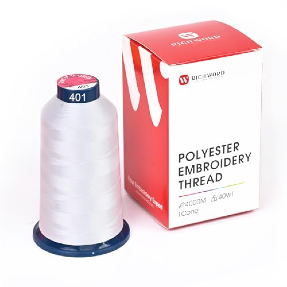 Richword White Embroidery Thread 4000M(4374Y) 40WT Polyester Thread 100 Colors Selected for Commercial Multi Needles and Single Needle Embroidery Machine 0401