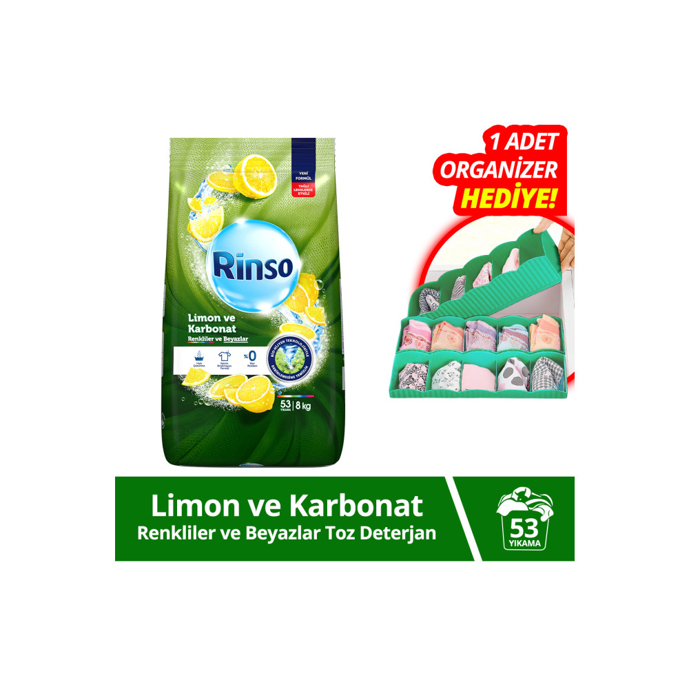 Rinso Toz Çamaşır Deterjanı Limon Ve Karbonat Renkliler Ve Beyazlar 8 Kg X1 1 Adet Organizer Hediy Çamaşır Deterjanı Fiyatı